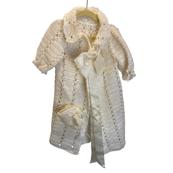 VINTAGE White Knit Crotchet Communion Dress Bow Booties - Picture 1 of 6